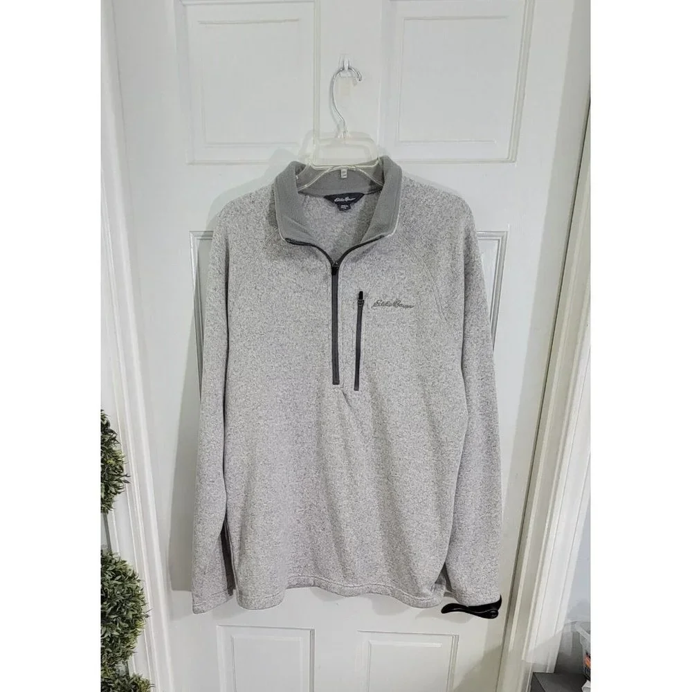 EDDIE BAUER Men’s Large Gray Fleece-Lined‎ Sweater Pullover 1/2 Zip Long Sleeve